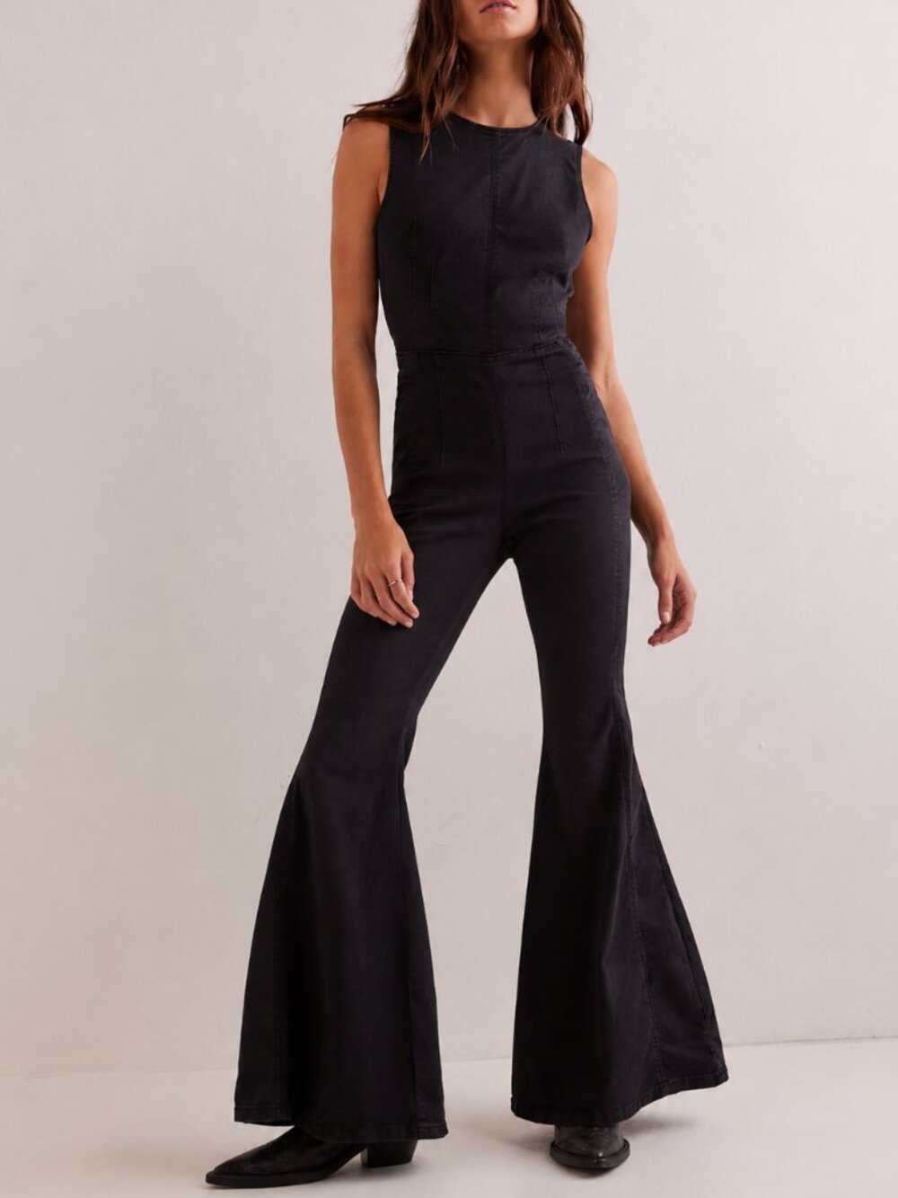 Free People We The Free Cayenne Jumpsuit Black Pepper Flare Denim Open Back Size